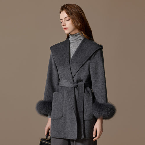 Cashmere coat women's short fox fur cuffs